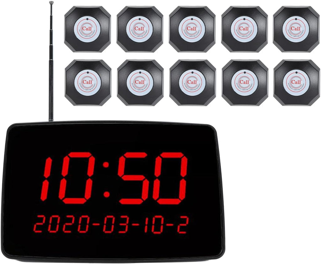 Wireless Calling System with Time Display, 10 Buttons, 1 Receiver, Restaurant Pager, 200m Range