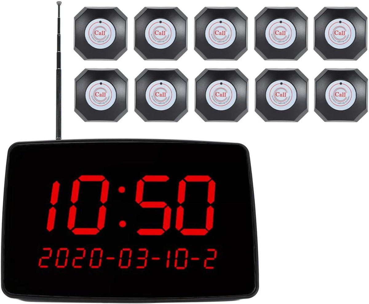 Wireless Calling System with Time Display, 10 Buttons, 1 Receiver, Restaurant Pager, 200m Range