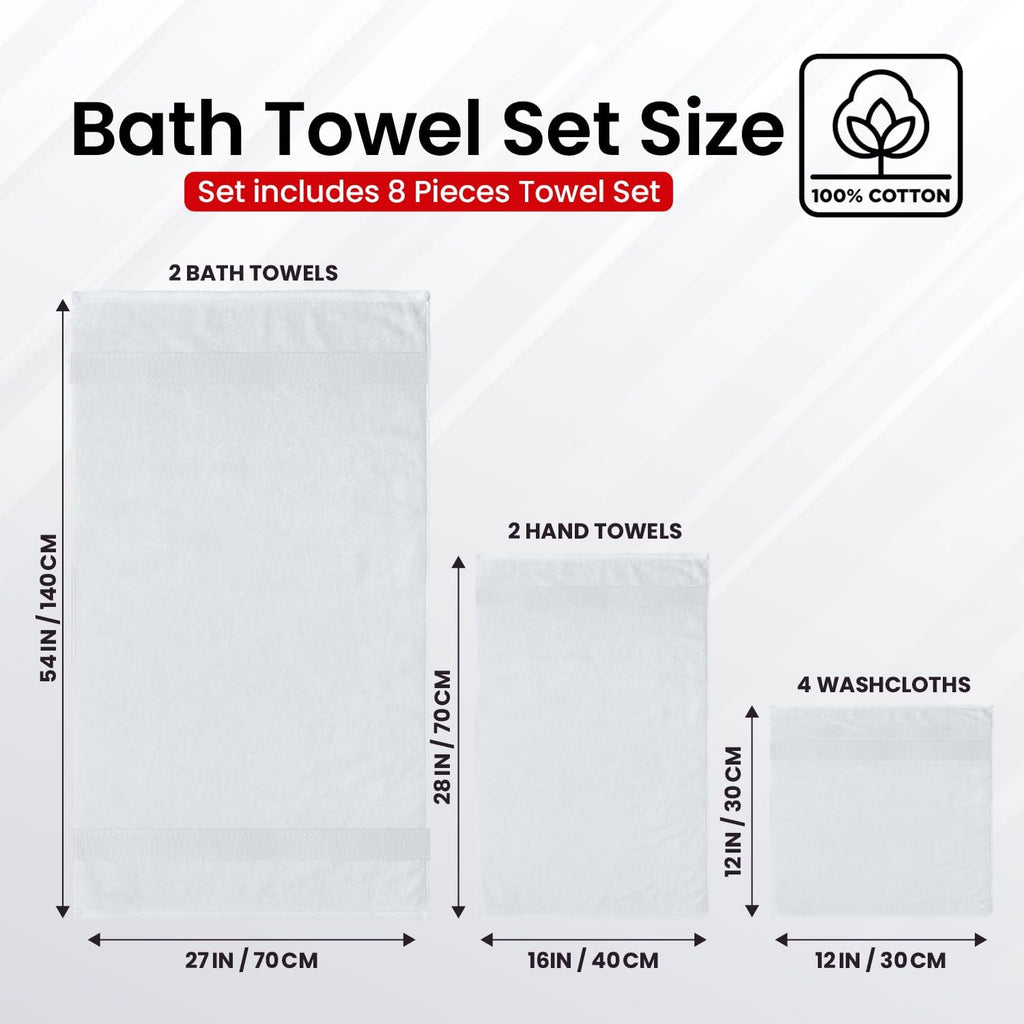 100% Cotton Bath Towel Set – 8 Piece Bathroom Towel Set | (2 Bath Towels, 2 Hand Towels, 4 Washcloths) – Soft &