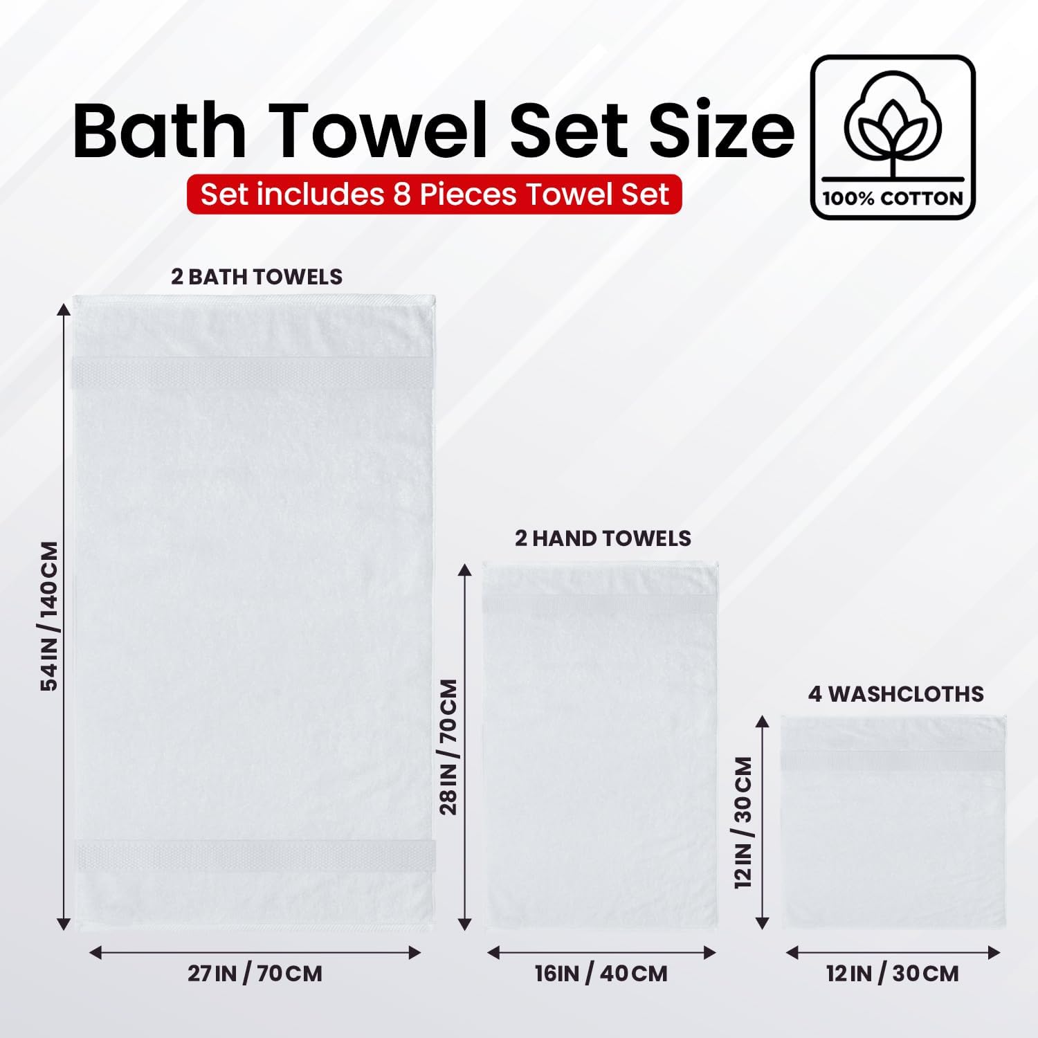 100% Cotton Bath Towel Set – 8 Piece Bathroom Towel Set | (2 Bath Towels, 2 Hand Towels, 4 Washcloths) – Soft &