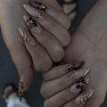 Brown Almond Press on Nails - Medium Leopard Fake Nails with 3D Gold&Flower Designs, Glossy Finished Reusable False