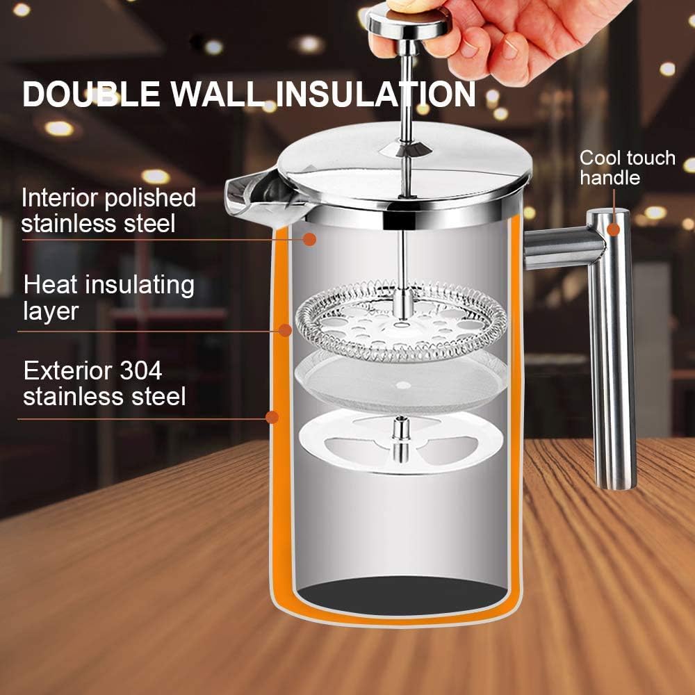 French Press Coffee Maker, 304 Grade Stainless Steel Insulated Coffee Press with 2 Extra Screens, 50oz (1.5 Litre)