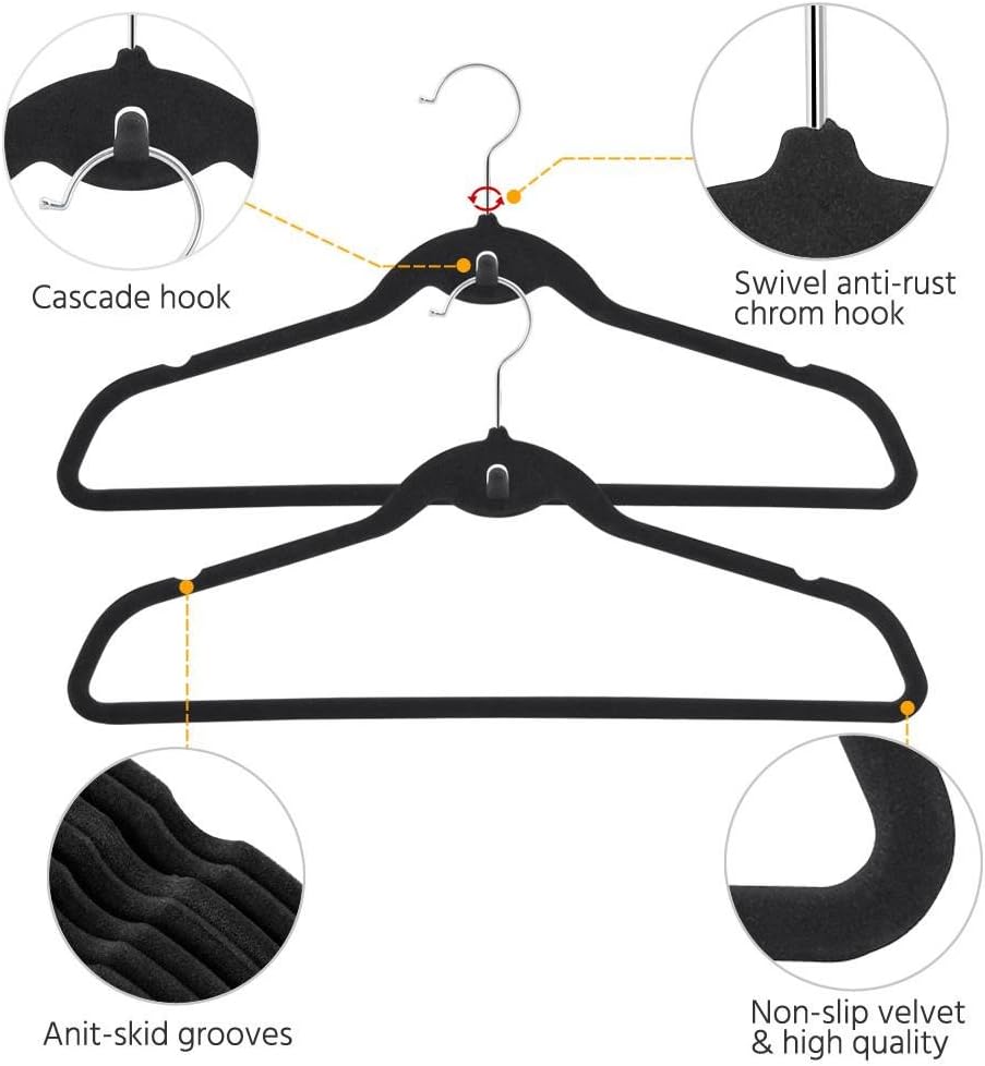 100 Pack Velvet Hangers, Non-Slip Cascading Design, Swivel Hook | 360° Swivel Hook: Easily adjust hanging direction