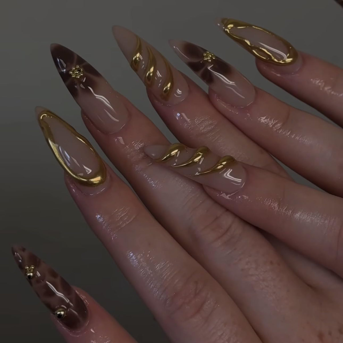 Brown Almond Press on Nails - Medium Leopard Fake Nails with 3D Gold&Flower Designs, Glossy Finished Reusable False