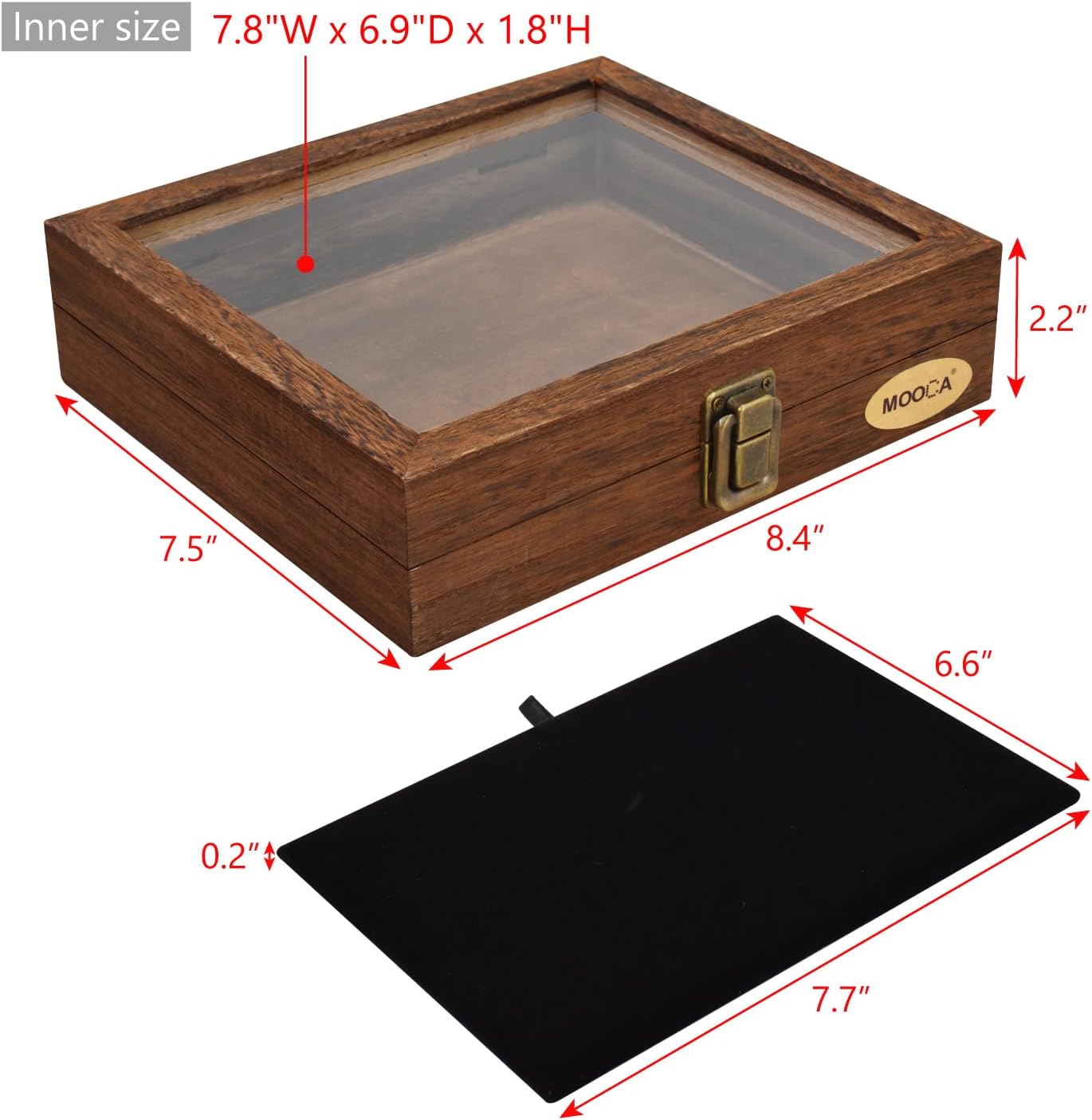 Tempered-Glass Top Small Wooden Jewelry Display Case with Removable Black Luxurious Velvet Jewelry Display Pad