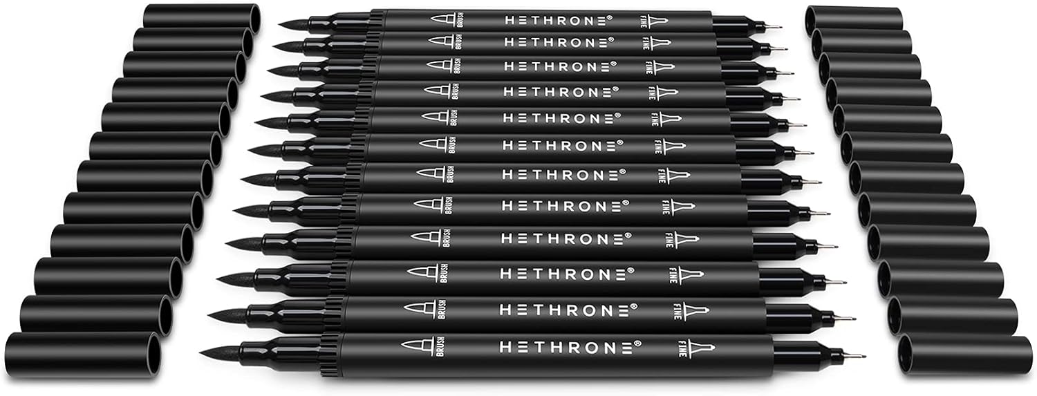 Black Markers for Drawing - Brush Pens with Felt Tips for Artists - Calligraphy Pens, 12 Pack