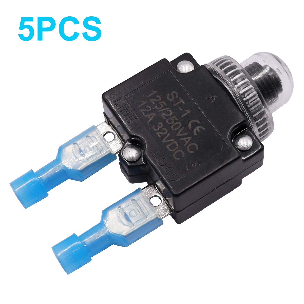 mxuteuk 5Pcs 12Amp Circuit Breakers Push Button Manual Reset 125/250V AC 32V DC,Overload Protector Switch Thermal Circuit Breakers with Quick Connect Terminals and Waterproof Button Caps ST1-5-12A