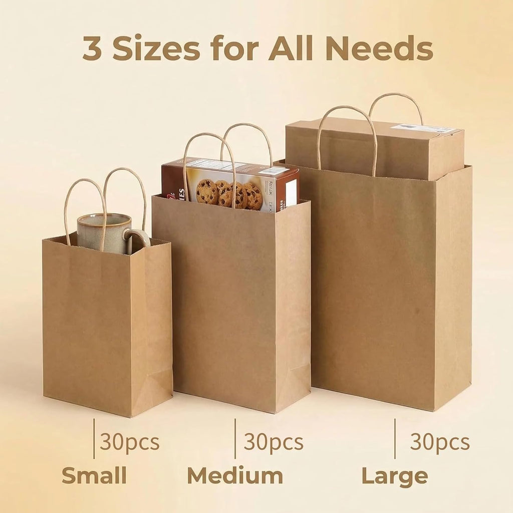 Kraft Brown Paper Gift Bags with Handles Assorted 3 Sizes 90 Pack