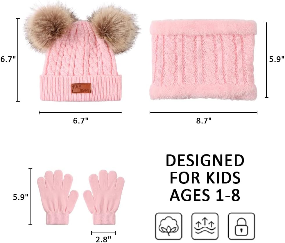 Kids Winter Beanie Hat Scarf Gloves Set Knit Warm Toddler Winter Cap Gloves Neck Warmer for Boys Girls 1-8 Year