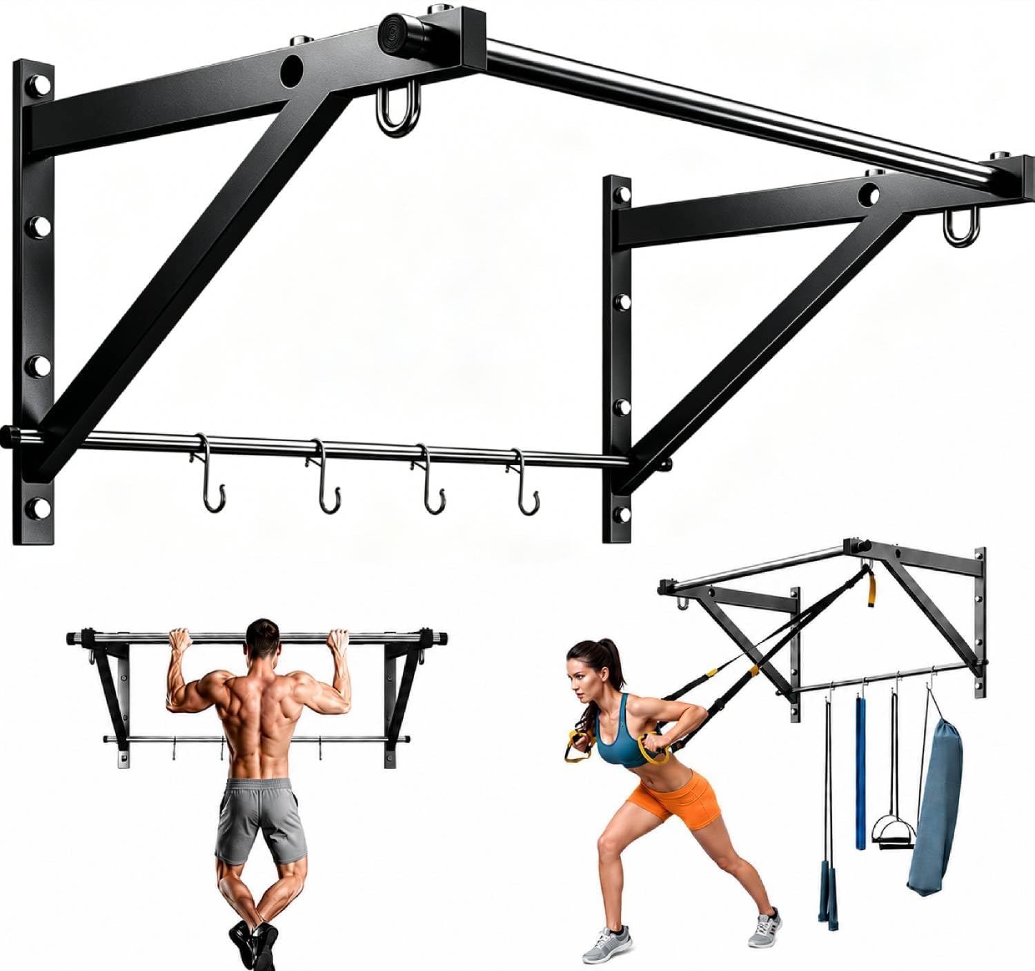 Wall Mounted Pull Up Bar with 500LBS Capacity for Gym Home | Adjustable Depth, 4 Hooks, Heavy Duty, Strength