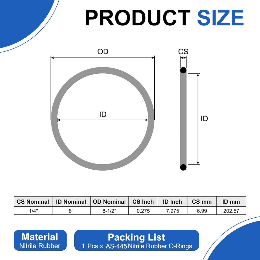 uxcell AS-445 Nitrile Rubber O-Rings 8" ID 8-1/2" OD 1/4" W Black