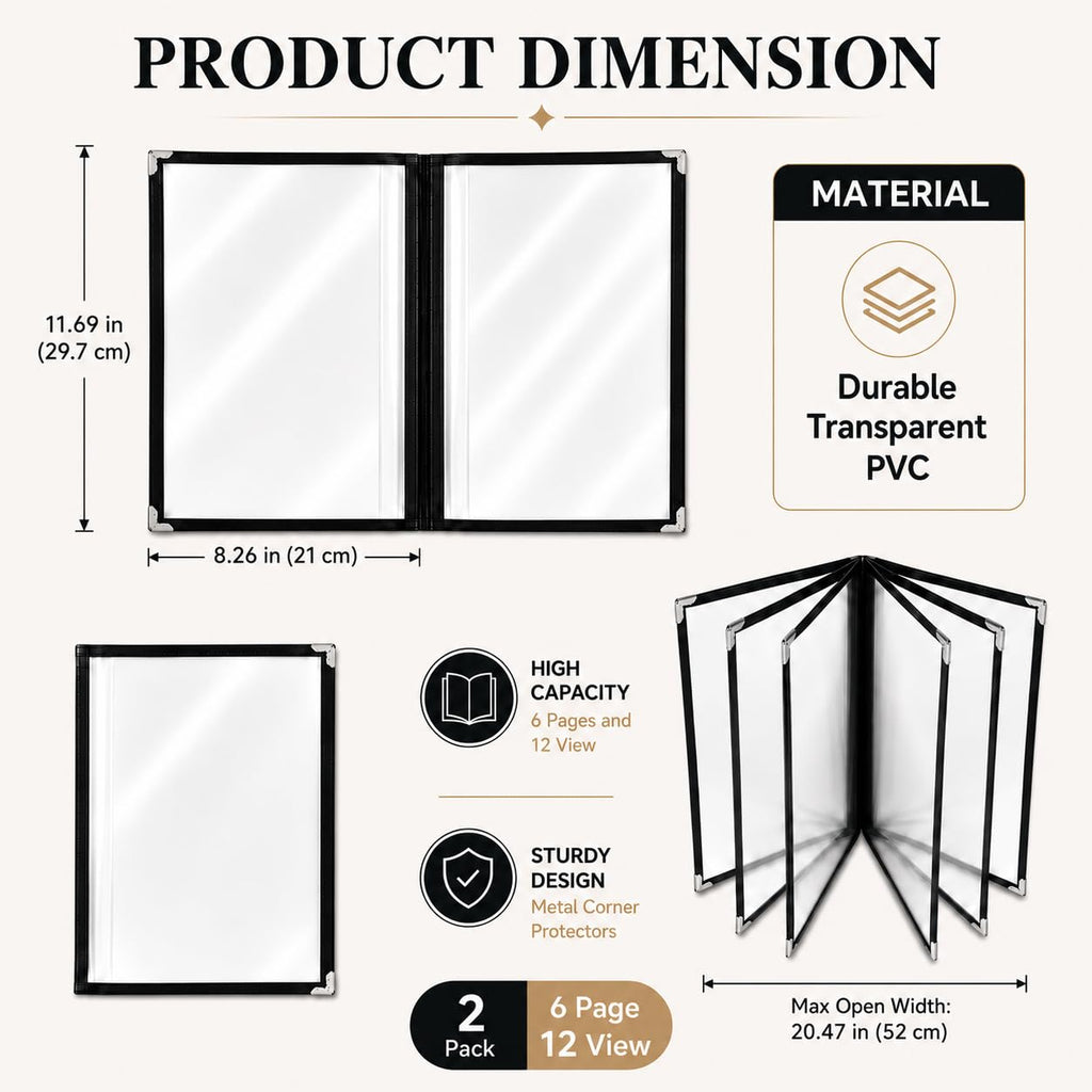 2 Pack Menu Covers, 8.5" x 11" Transparent Menu Covers, 6 Page 12 View Restaurant Menu Covers Menu Books Holder Fits