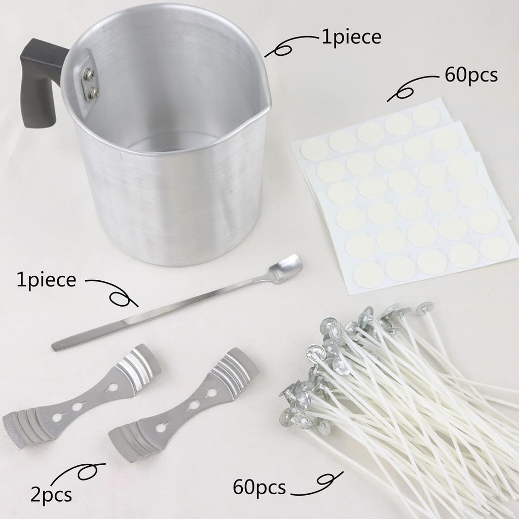 Candle Making Kit, 60pcs Candle Wicks, 60pcs Candle Wicks Sticker, 1pc Candle Wax Pouring Pot, 2pcs 3-Hole Wicks