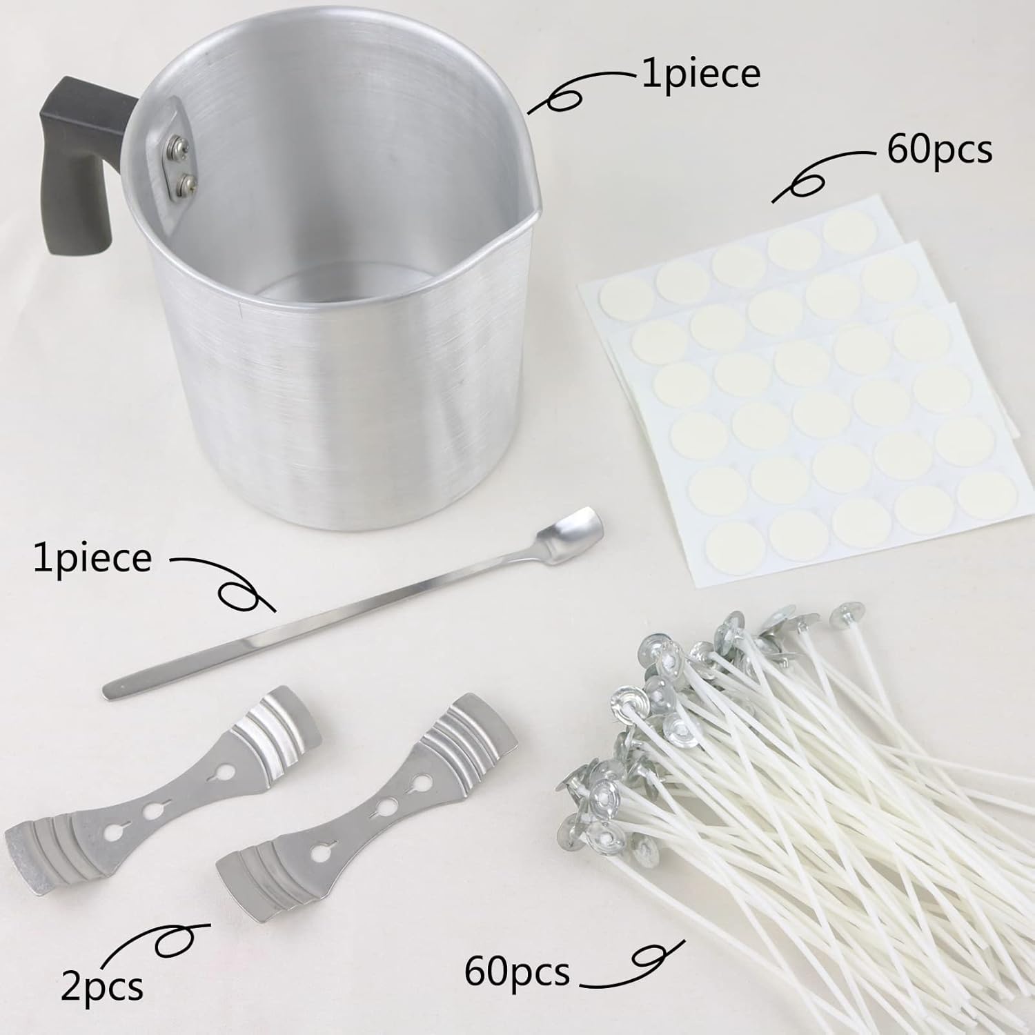 Candle Making Kit, 60pcs Candle Wicks, 60pcs Candle Wicks Sticker, 1pc Candle Wax Pouring Pot, 2pcs 3-Hole Wicks