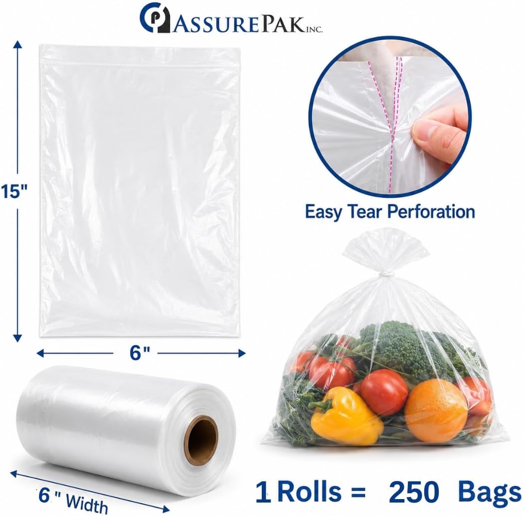 Clear Poly Bags, 6" x 3" x 15", 1 Mil, 250 Count, 1 Roll