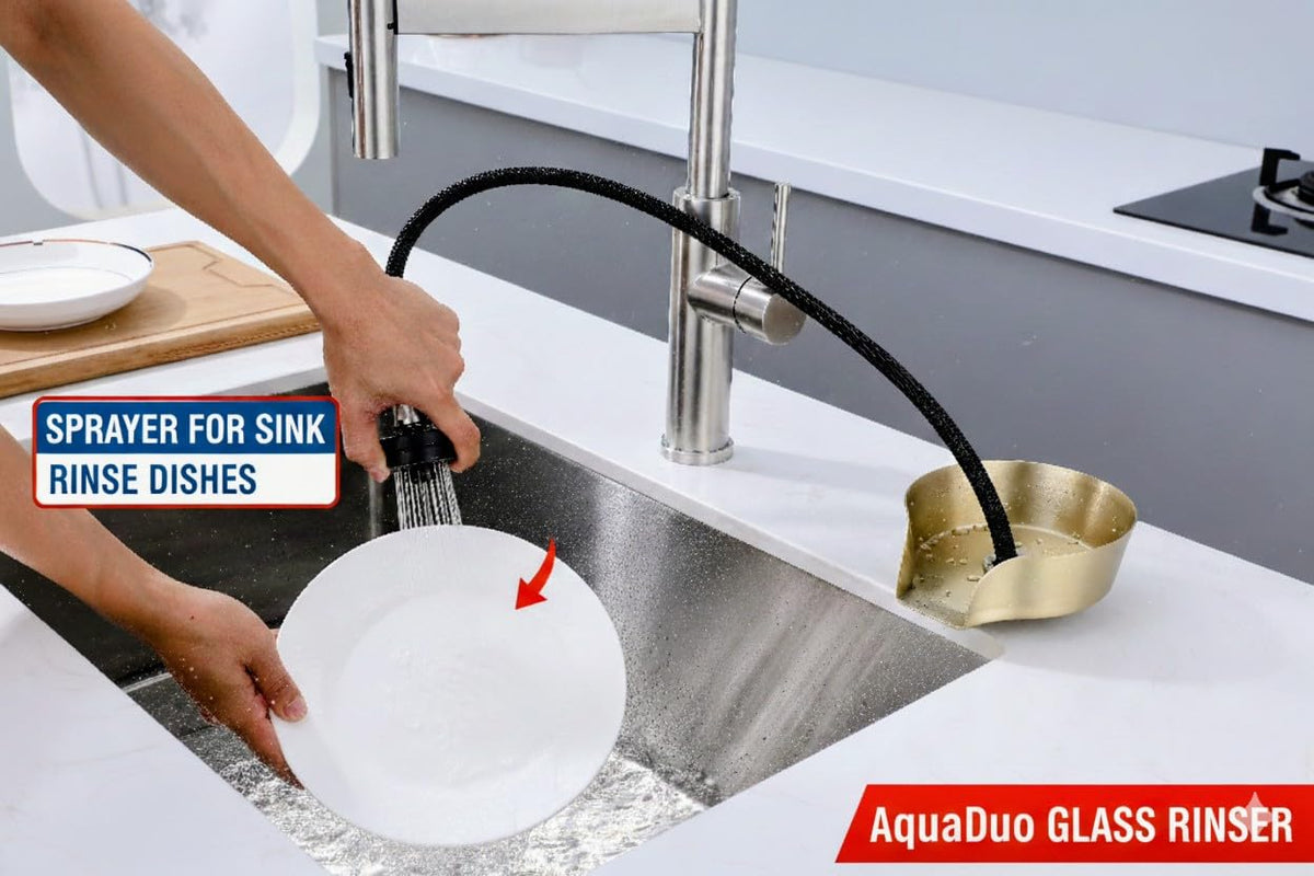 AquaDuo Glass Rinser and Kitchen Sink Sprayer Combo, Stainless Steel Cup Washer, Cup Cleaner for Sink, Bar Glass