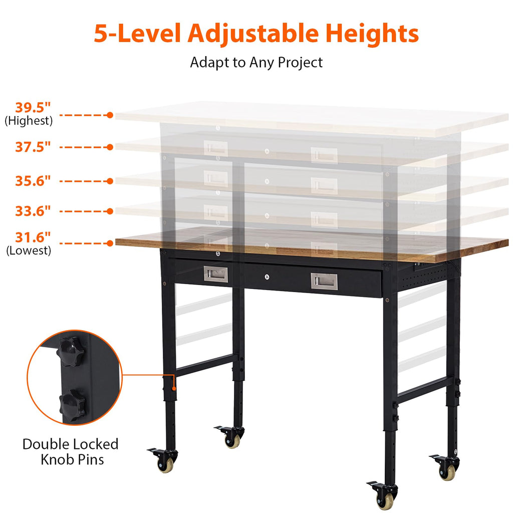60" Adjustable Height Workbench, Rubber Wood Tabletop Workbench with Pegboard, Storage Drawers, Rolling Work Table