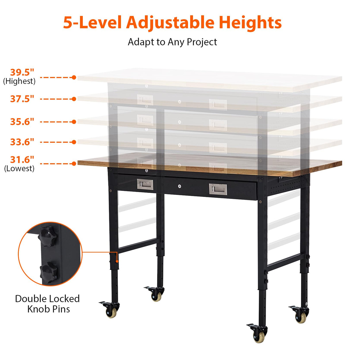 60" Adjustable Height Workbench, Rubber Wood Tabletop Workbench with Pegboard, Storage Drawers, Rolling Work Table