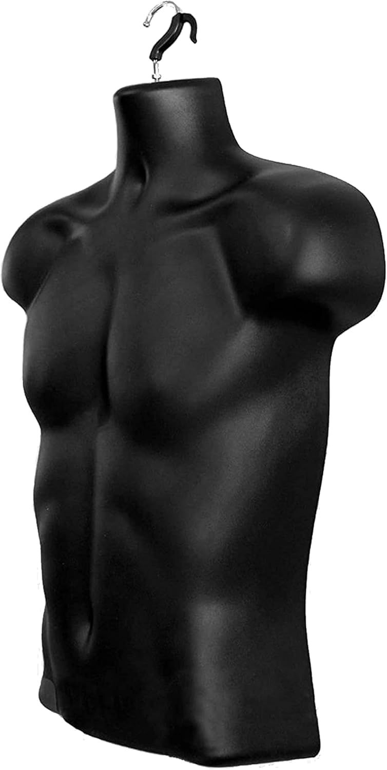 Black Male Mannequin Torso Hollow Back Body Stackable Dress Form with Hanging Hooks for Tshirt Display, Countertop