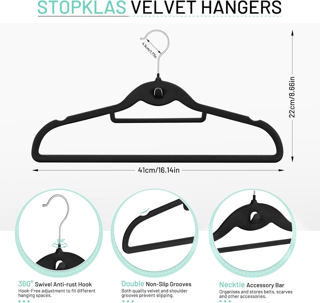 Velvet Stackable Hangers 30 Pack, Clothes Hanger Non Slip Felt with Hook | Black Hangers, 360° Swivel Hook, Thin