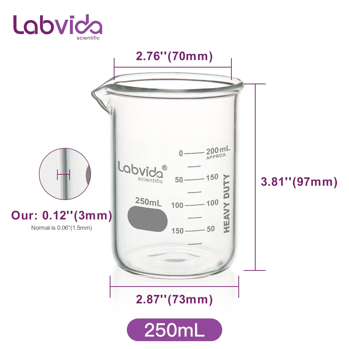 6pcs 250ml Heavy Duty Glass Beakers, LVAC004