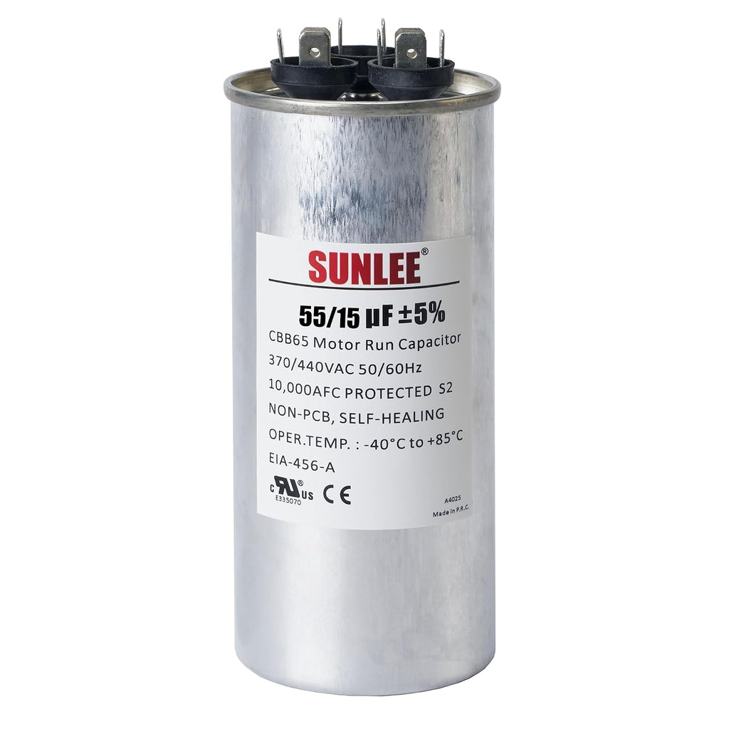 SUNLEE AC Capacitor 55/15 uF 370V / 440V CBB65 Dual Run Round - 55/15 MFD Run Capacitor for HVAC, Air Conditioner Condenser - UL Recognized & 5 Year Warranty