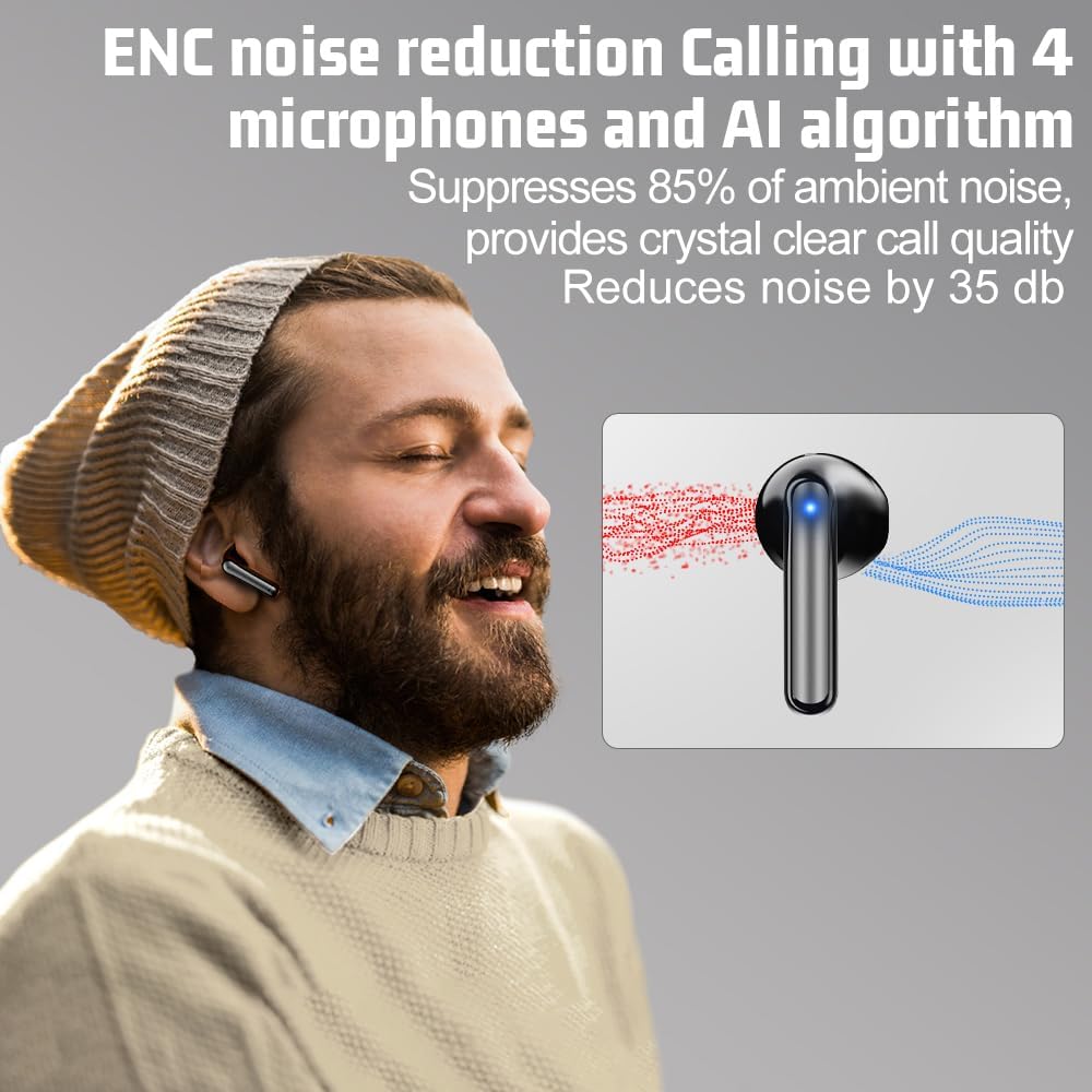 Bluetooth Earbuds Wireless Headphones, 60H Deep Bass Ear Buds with 4 Noise Cancelling Microphone, IP5 Waterproof