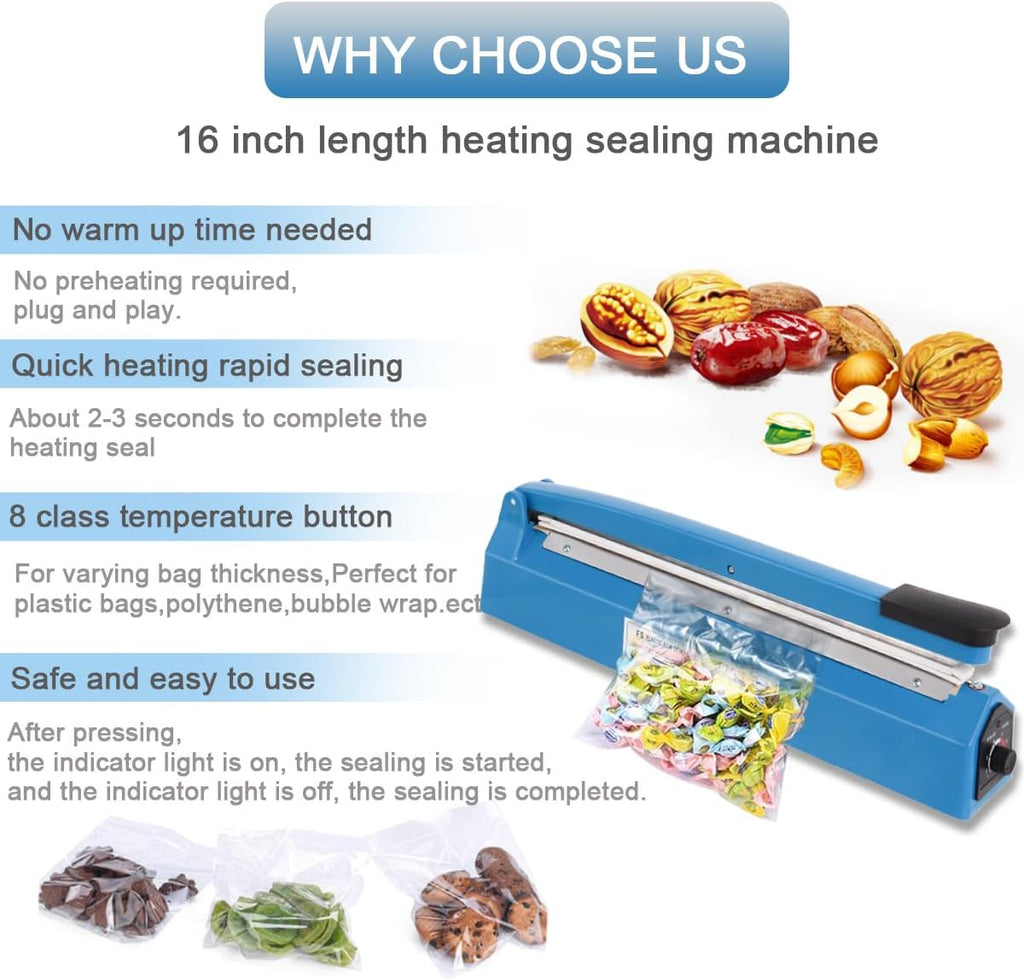 16 Inch Impulse Heat Sealer Machine with Extra Replace Element Grip, Blue