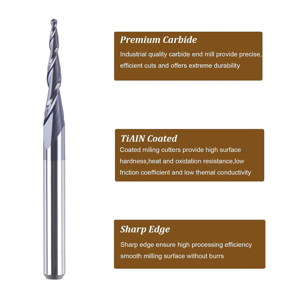 SpeTool 5Pc/Pack Tapered Cone 1/8 End Mills 0.5MM Cutting Radius(1.0mm Diameter) 3D Wood Engrave CNC Router Bits Tools