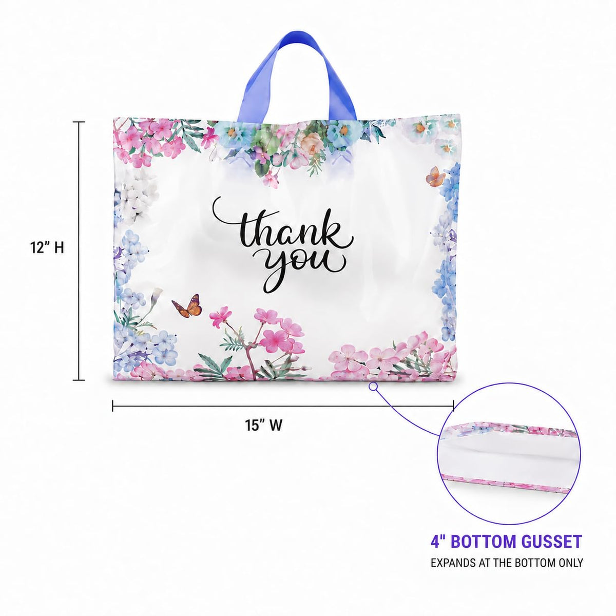 Thank You Bags With Soft Loop Handle for Business Retail, Boutique Bulk 50 Pack 15" W x 12" H Floral Plastic Shopping