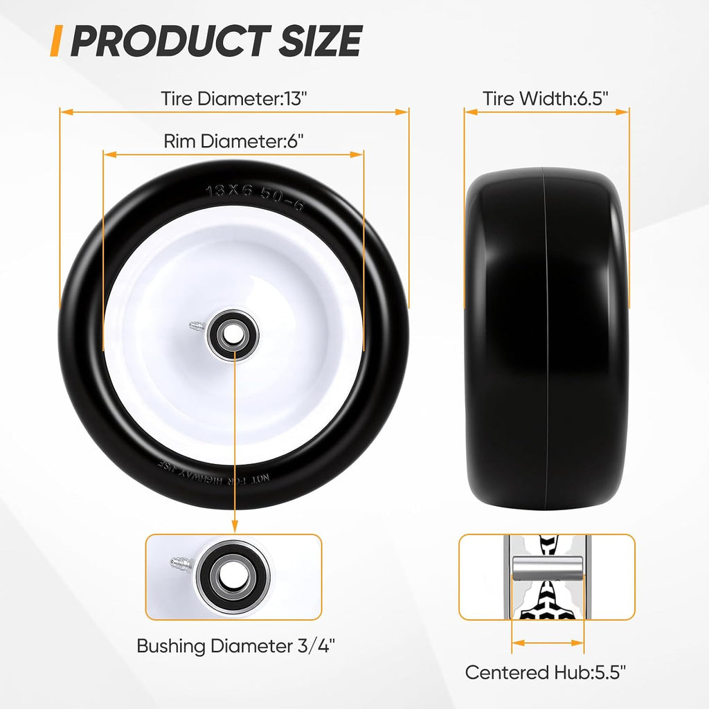 13x6.50-6 Flat Free Lawn Mower Tires and Wheels, 1/2" 3/4" 5/8" Ball Bearings, 13x6.5x6 Zero Turn Mower Front Tires