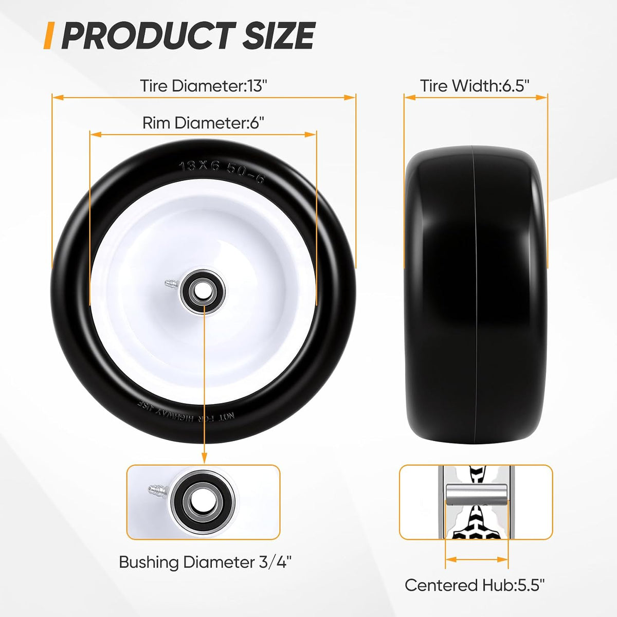 13x6.50-6 Flat Free Lawn Mower Tires and Wheels, 1/2" 3/4" 5/8" Ball Bearings, 13x6.5x6 Zero Turn Mower Front Tires