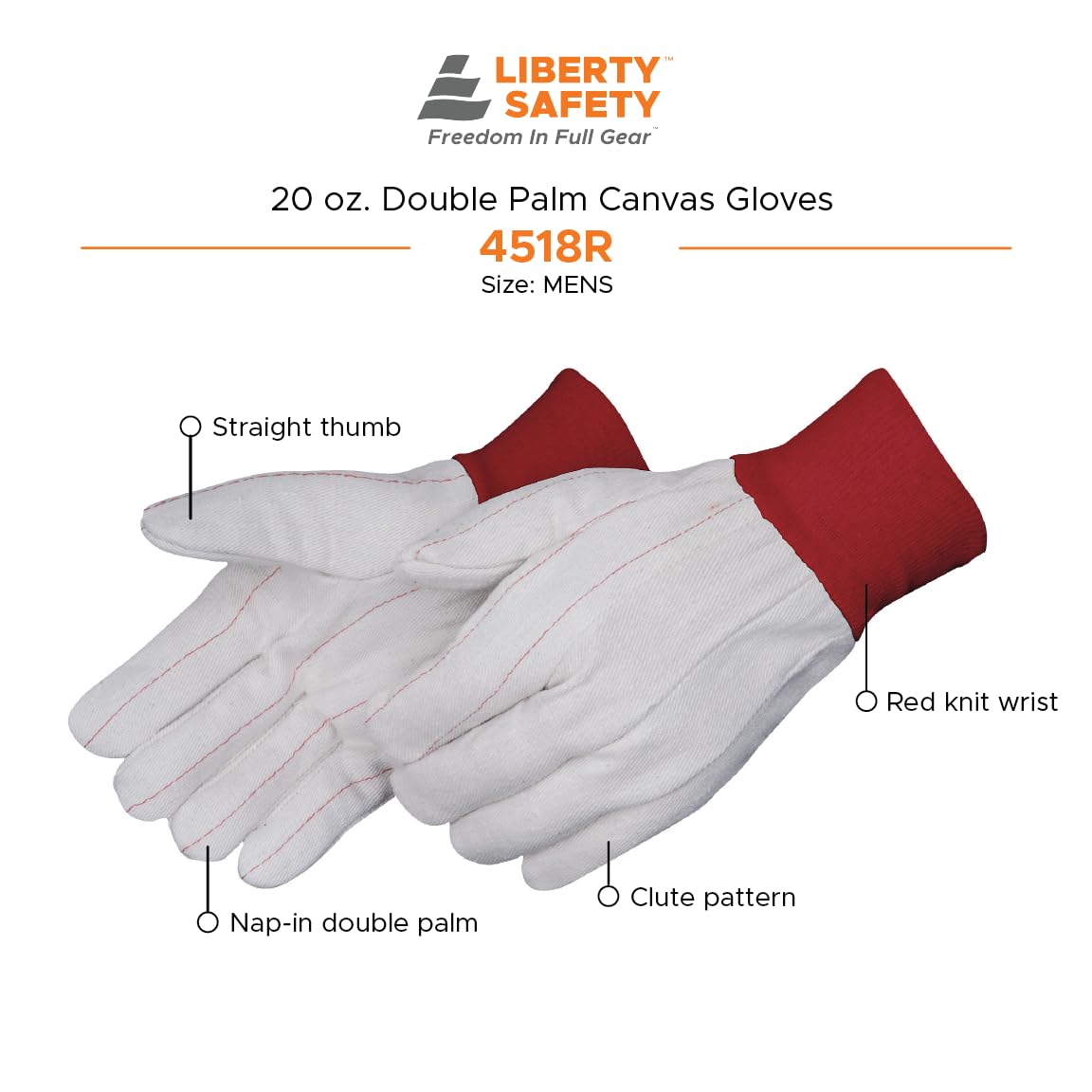 Liberty Safety 4518R Double Palm Work Gloves, 20oz Cotton/Polyester, Red