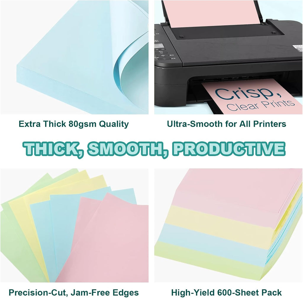600 Sheets Colored Copy Paper 8.5" x 11", Colored Printer Paper 80GSM Thick