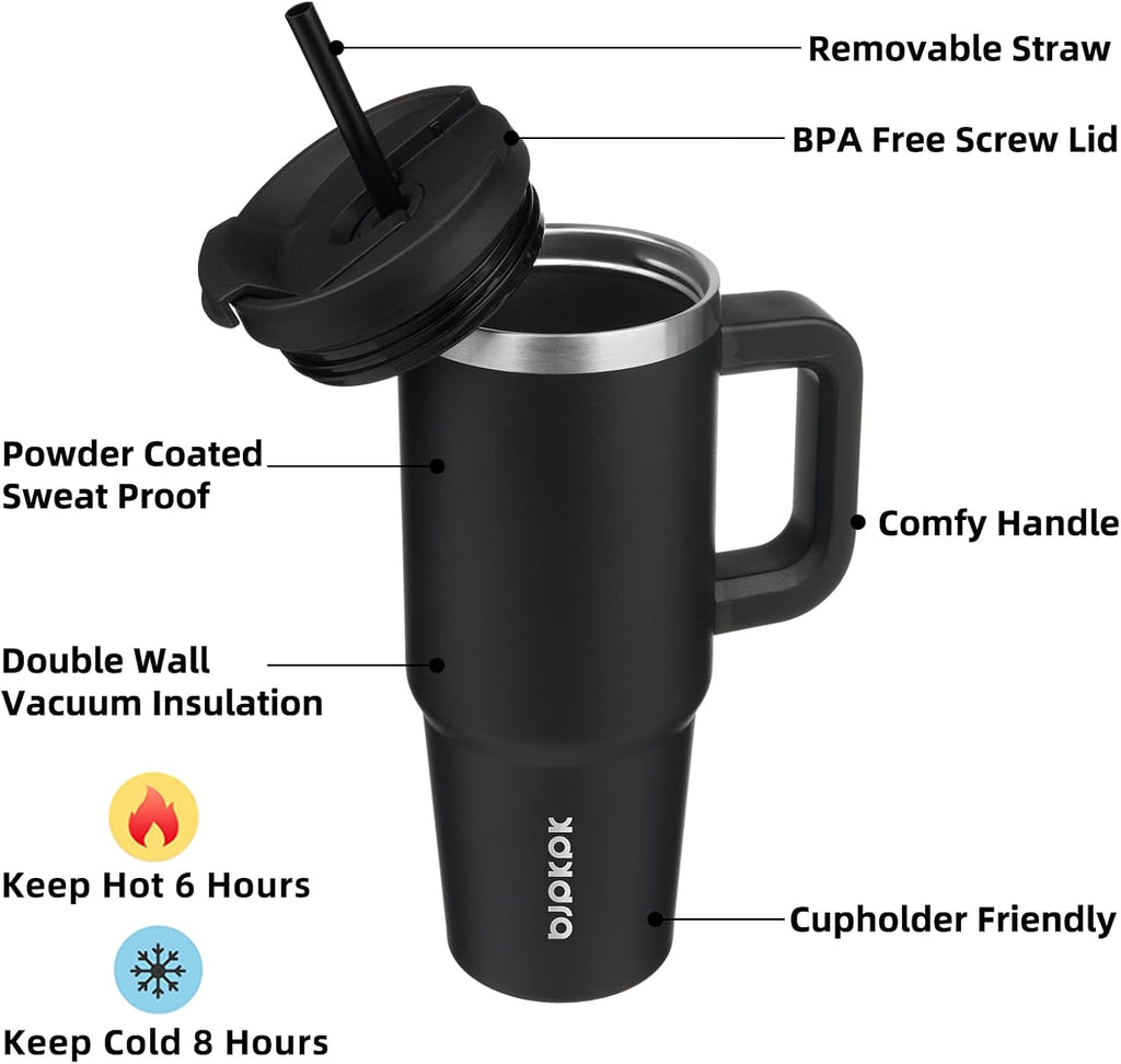 30 oz Insulated Tumbler with Handle & Straw, Stainless Steel | Double Wall Vacuum Insulation, Leak Proof, BPA Free