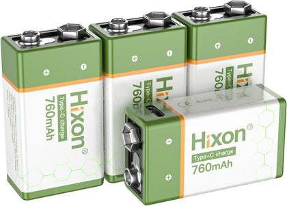 USB 9V Rechargeable Lithium Batteries - Long-Lasting 760mAh 9 Volt LI-ion Batteries with Type C Charging Cable - for