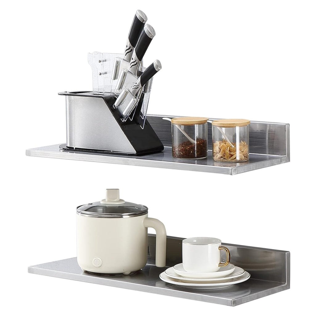 8.6" x 24" -2Pack Stainless Steel Shelf, Wall Mounted Floating Shelving with Backsplash, 44 lbs Load Capacity