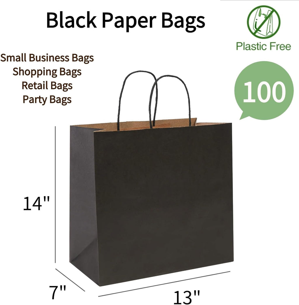 Black Gift Paper Bags with Handles Bulk 100 Pack 13x7x14 Inch
