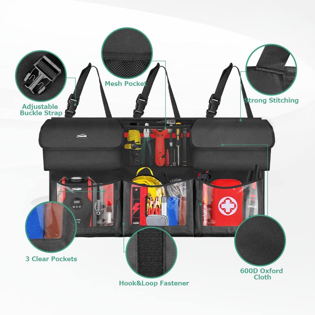 Back Seat Trunk Organizer Hanging Car Organizer Foldable Cargo Storage with 6 Large Pockets 3 Adjustable Straps