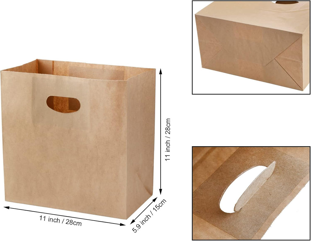 100 Pack Kraft Paper Bags, 11x6x11 Inch Natural Brown Paper Party Favor Goody Snack Gift Bag with Die Cut Handle