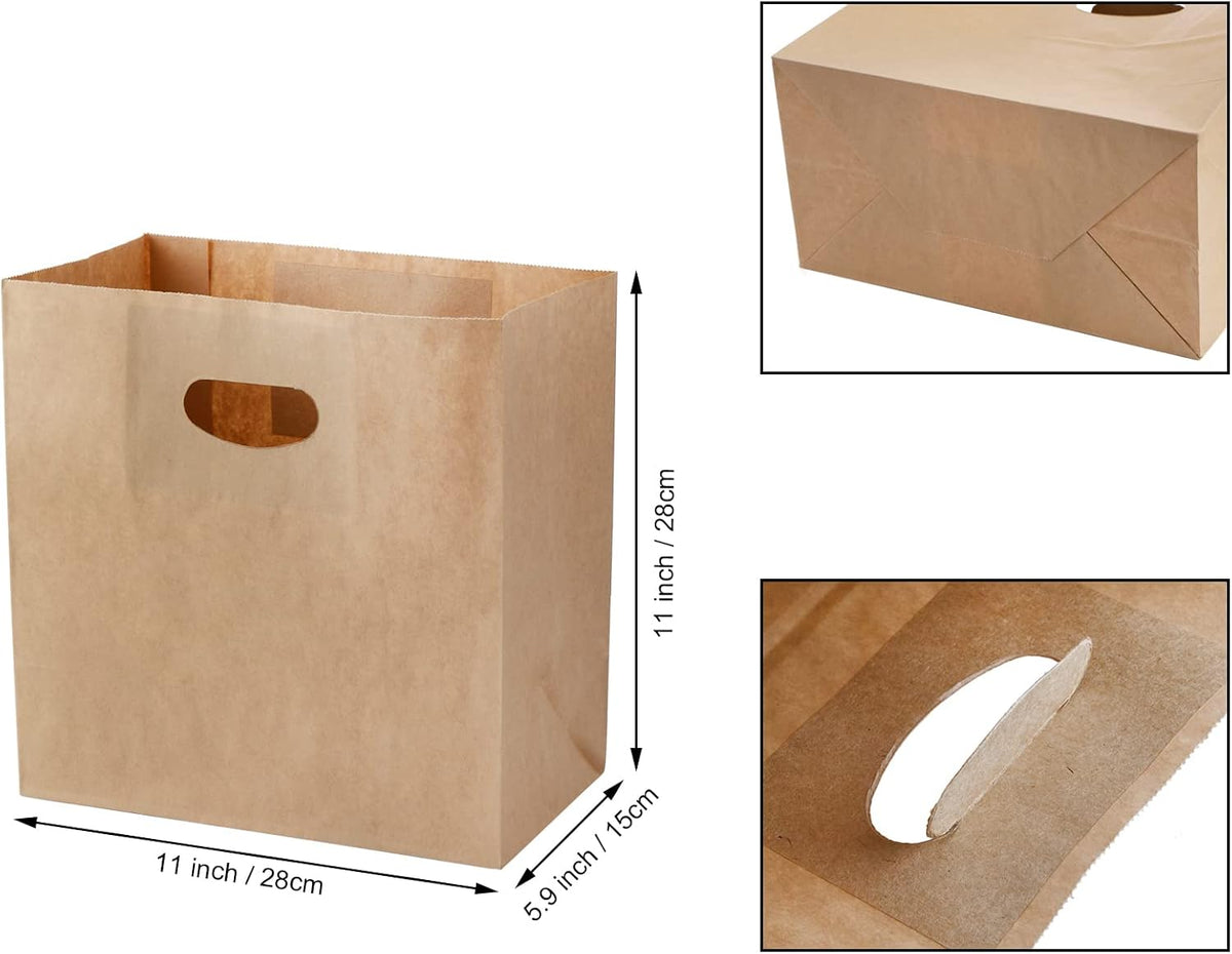 100 Pack Kraft Paper Bags, 11x6x11 Inch Natural Brown Paper Party Favor Goody Snack Gift Bag with Die Cut Handle