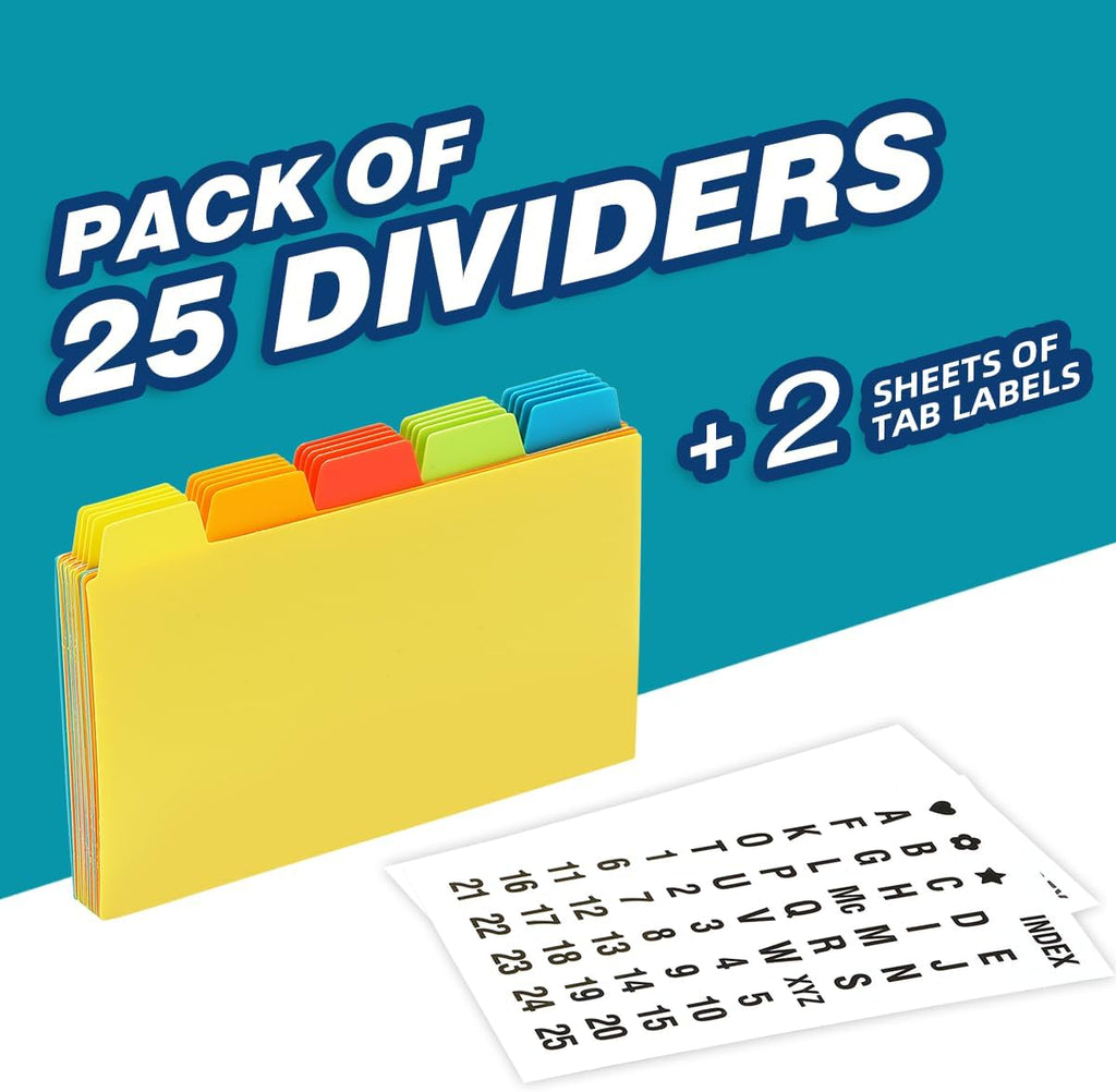 4"x6" Plastic Index Card Dividers, Primary Colors, 25 Pack | Heavyweight, A-Z, Made of Polypropylene, Alphabetical