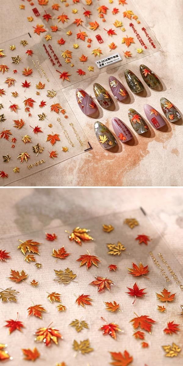 5D Golden Fall Nail Stickers Autumn Maple Leaf Nail Decals for DIY Nail
