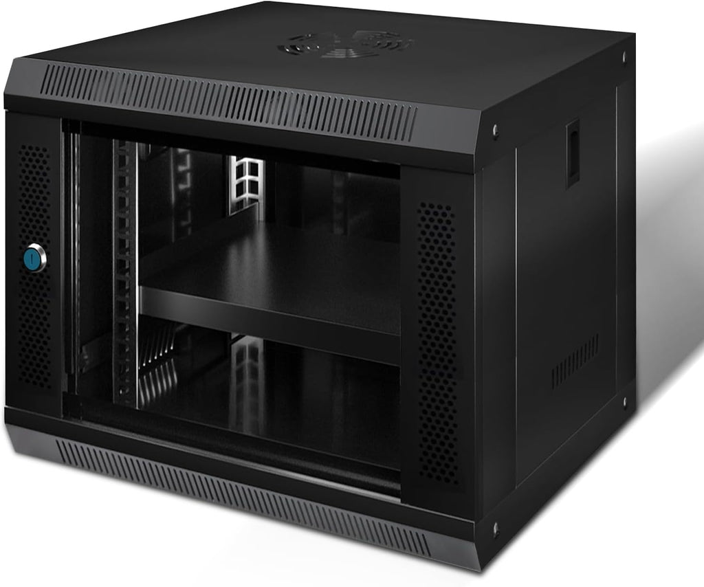 9U Wall Mount Server Cabinet IT Network Rack Enclosure Lockable Glass Door Black