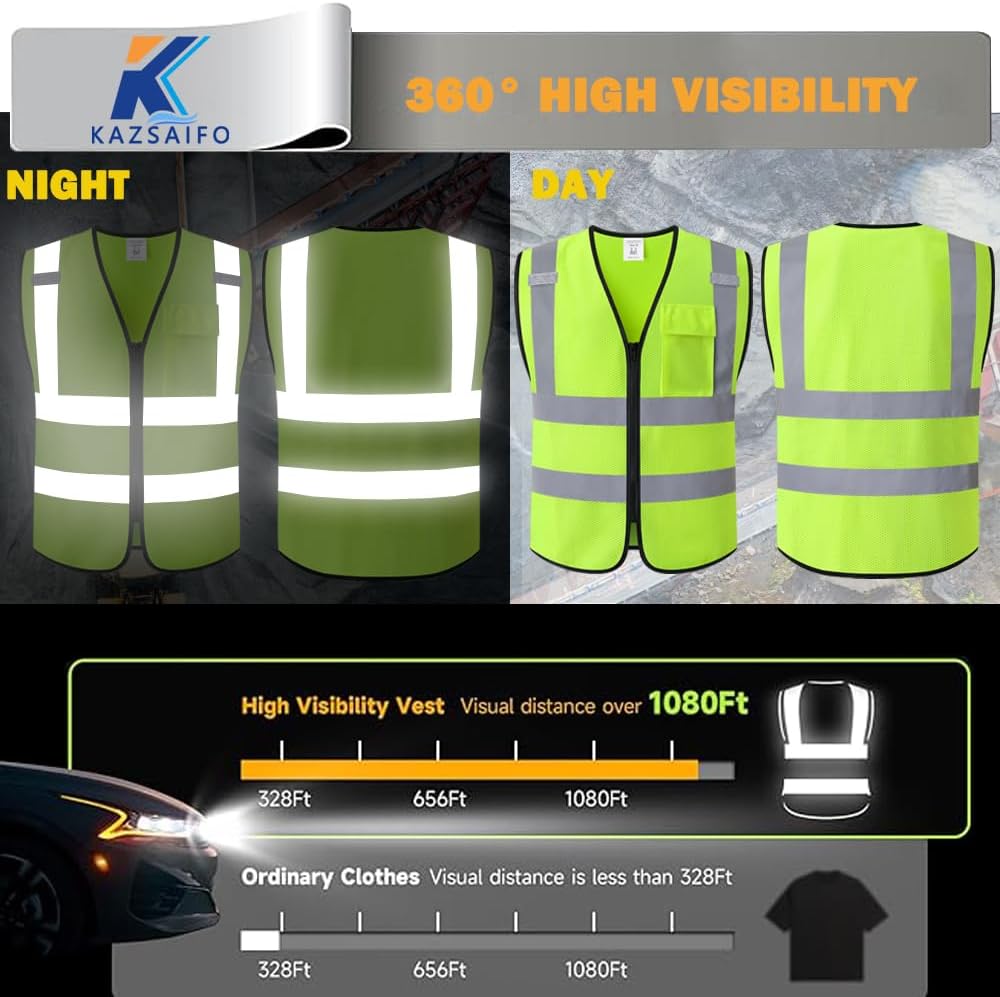 Hi Vis Reflective Safety Vest for Men Women,KZ179,Yellow,L | One Chest Pocket Breathable Mesh Class 2 High Visibility