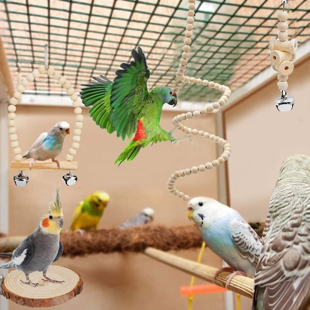 9-Piece Parakeet Toys & Budgie Toys, Bird Cage Accessories Set | Natural wood bird toys include coconut hideaway