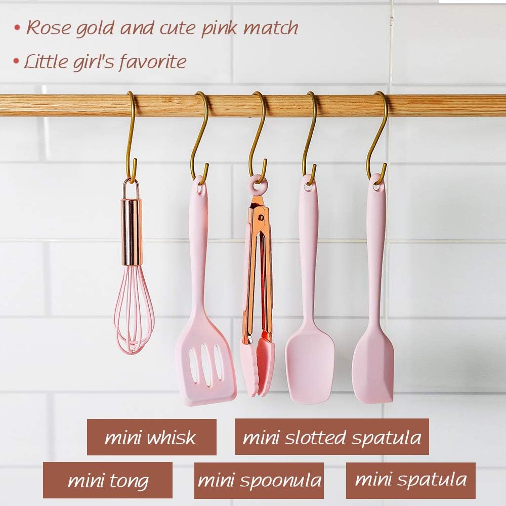 Rose Gold And Pink Kitchen Utensil Small Five-Piece Set Mini Silicone Kids Kitchen Tools Whisk Spatula Tongs Spoon