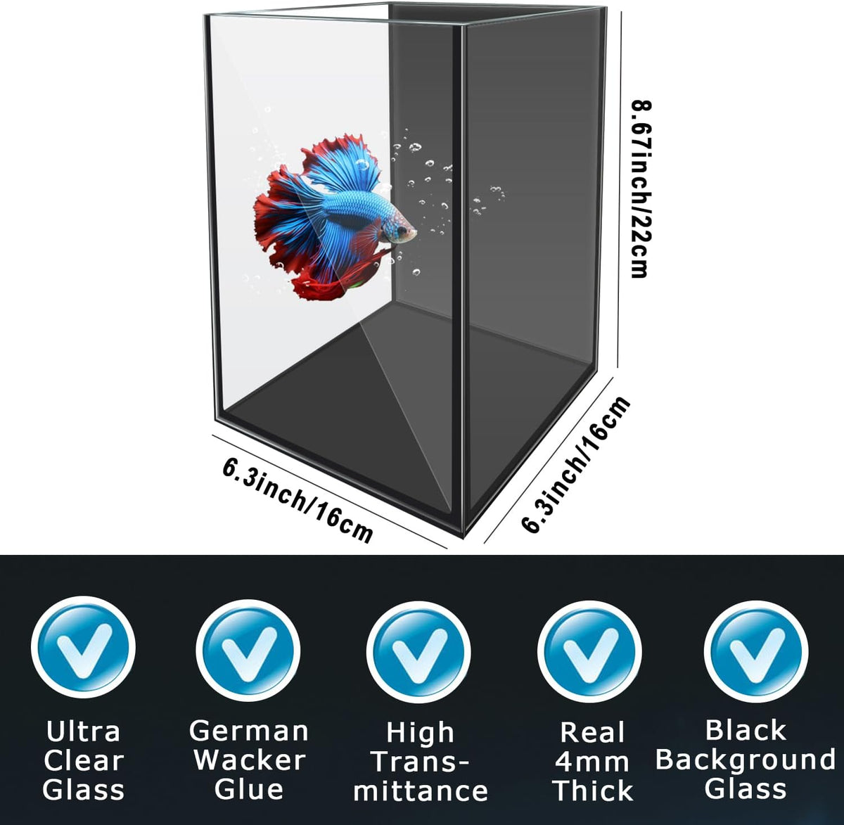 Glass Aquarium Starter Kits 1.5 Gallon Small Fish Tank, Betta Fish Tank for Home Office Deco, with LED Light, Power