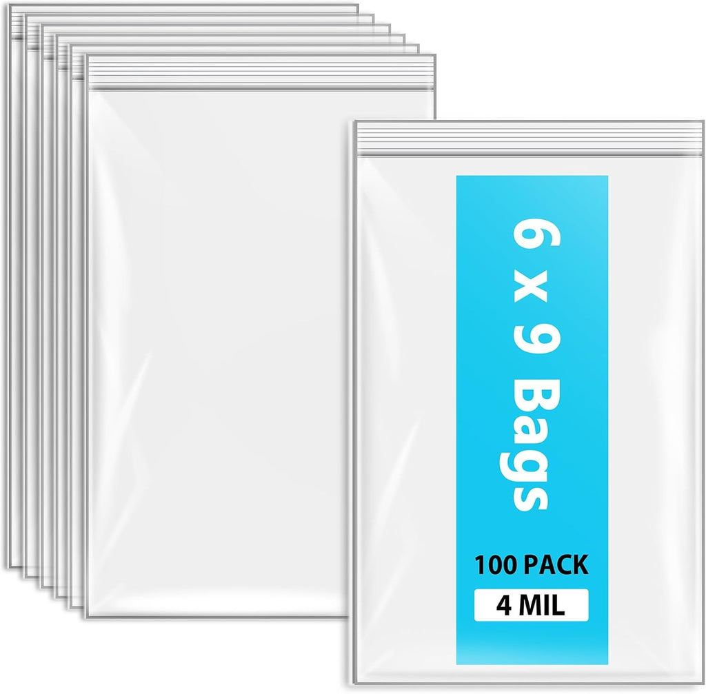 6" X 9" 4 Mil Reclosable Zip Bags, Heavy Duty Clear Plastic Zipper Lock Bags, Pack of 100
