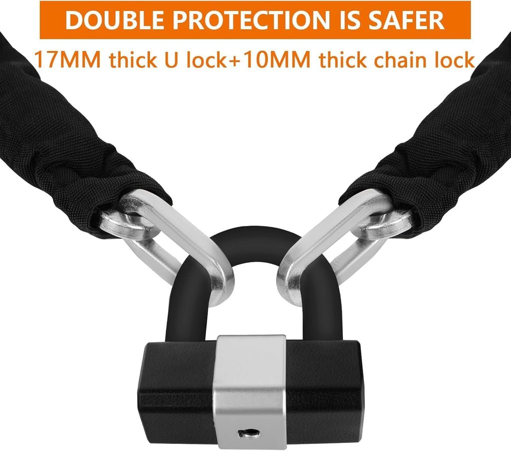 Heavy Duty Motorcycle Chain Lock 0.4In/10mm x 10 Ft with 17mm Thick Anti-Theft Cut Proof U-Lock and 3 Keys, Ideal for